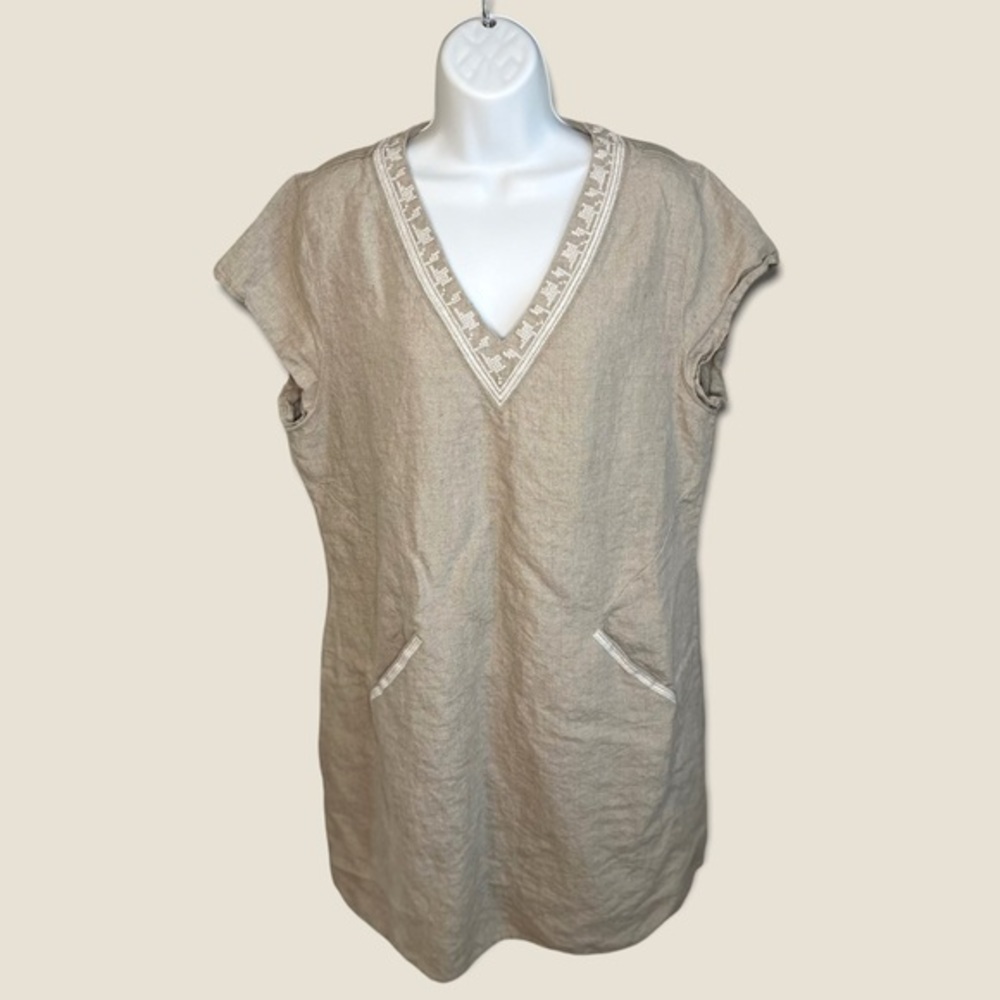 Garnet Hill Beige Linen Midi Dress with Embroidered V-Neck